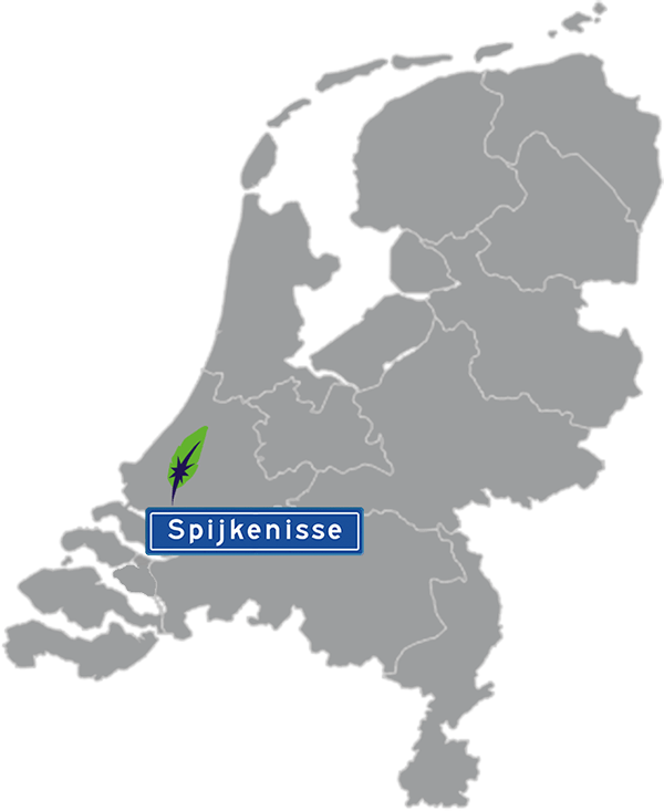 Grijze kaart van Nederland met Spijkenisse aangegeven voor maatwerk taalcursus Duits zakelijk - blauw plaatsnaambord met witte letters en Dagnall veer - transparante achtergrond - 600 * 733 pixels
